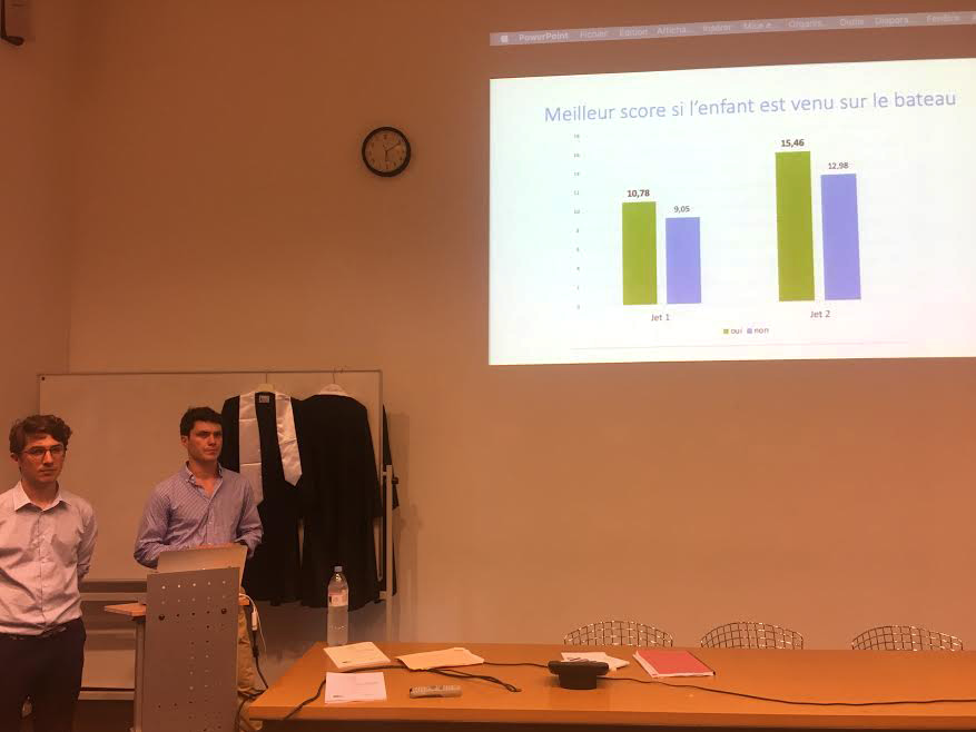 Photo de Gabriel et Paul lors de leur thèse sur Océan Dentiste avec illustration des statistiques